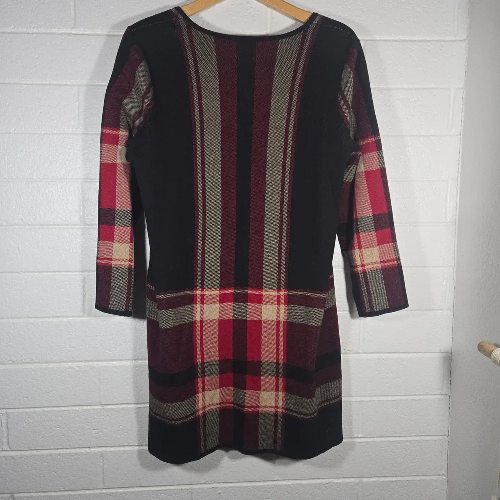 Anne Klein XL Plaid Duster Cardigan Sweater Buckle 3/4 Sleeve‎ Longline Career